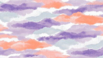 Colorful watercolor illustration of fluffy clouds in shades of pink, purple, and orange, creating a dreamy sky atmosphere with soft gradients and vibrant hues