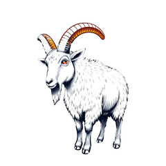 Fototapeta premium Stylized black goat with glowing orange horns and red eyes male goat animal isolated on a transparent background