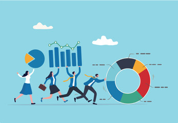 Data driven or data analysis, chart and graph report, analytics, research and optimization, big data or intelligence information, insight concept, business people carrying bar graph and pie chart.