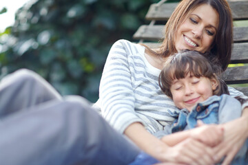 Smile, mom and child in garden on swing, motherhood and bonding together in outdoor area. Mothers Day, relax and happy family in park with hammock, embrace and connection for childhood development.