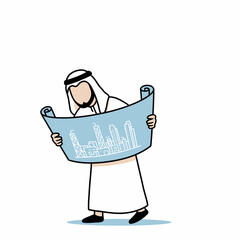 An architect in traditional attire studying a building blueprint.