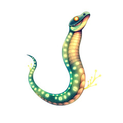 Fototapeta premium Stylized green snake with glowing yellow spots and small limbs reptile serpent isolated on a transparent background
