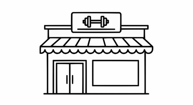 Simple vector line art illustration of a gym building facade. Minimalist fitness center storefront with a dumbbell sign and awning, isolated on a white background for health and wellness concepts