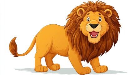 Obraz premium A cheerful, cartoon lion stands, showcasing a full, tawny mane, a wide, happy grin, and a bushy tail. Its body is a lighter orange hue