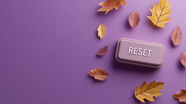 Concept for new beginnings: A reset button surrounded by autumn leaves, suggesting fresh starts. Purple background, fall colors, simple design.