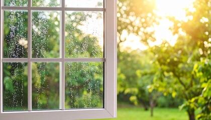 Naklejka premium Rain-Streaked Window View: Bright Sunlight Through Lush Green Garden, Serene Indoor Scene