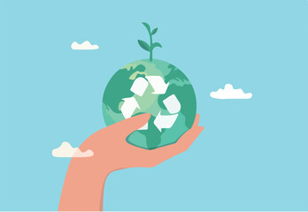 Sustainability, ecology or renewable energy to save the world from climate change or global warming, environmental safe or recycle concept, hand holding sustainable green world with recycle symbol.