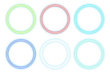 Set of Neon Glow Light Circle Frames in Various Colors Isolated on Transparent Background