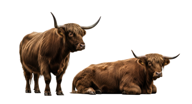 Majestic Scottish Highland cattle, one standing proudly, one resting serenely, against a stark white studio background with dramatic shadows and lighting, concept of timeless animal strength