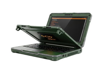 A rugged industrial laptop, dark forest green, worn texture, open lid with glowing orange command-line interface on a pristine transparent background with copy space. Concept of sturdy technology