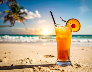 Obraz premium Tropical Sunset Drink on Beach