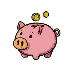 Handdrawn Textured Piggy Bank with Coins Saving Financial Concept Illustration
