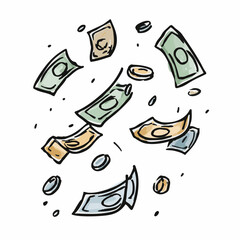 Handdrawn Watercolor Flying Money and Coin Illustration Finance Concept Design