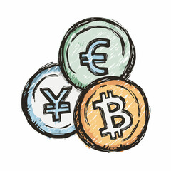 Sketchy Handdrawn Different Currency Symbols Like Euro Yen and Bitcoin Illustration