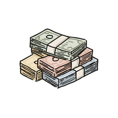 Handdrawn Colorful Stack of Cash Money Banknotes Bills Financial Illustration