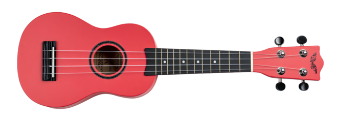 A vibrant, coral-colored ukulele