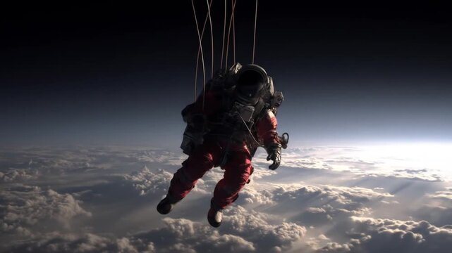 Astronaut in spacesuit falling through clouds