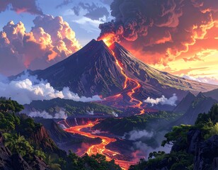 Volcanic eruption panorama at sunrise over lush landscape