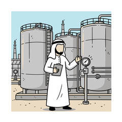 An engineer in traditional attire inspecting industrial tanks, checking pressure gauges.