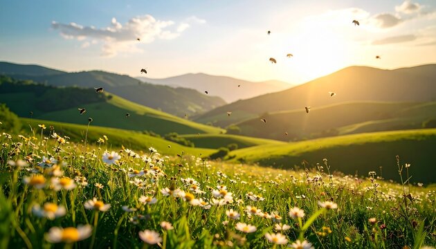 Sun-Kissed Meadow with Buzzing Bees at Sunset