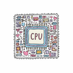 Doodle Handdrawn Computer CPU Microprocessor Chip Component Technology Element Illustration