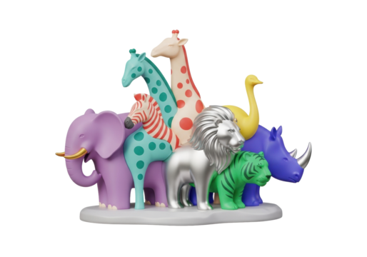 Whimsical, smooth, pastel sculpture of interlocked abstract animal forms on a grey base against white background, artistic harmony concept.