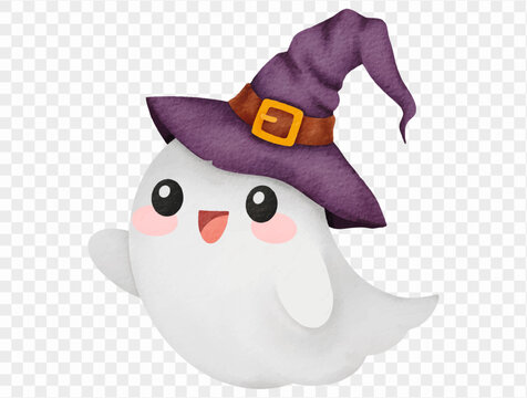 Cute kawaii ghost wearing witch hat spooky halloween watercolor decoration Vector.