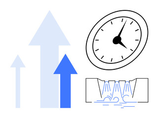 Arrows symbolizing growth, analog clock for time and urgency, and water flow depicting smooth processes. Ideal for business progress, productivity, development, efficiency, performance, time