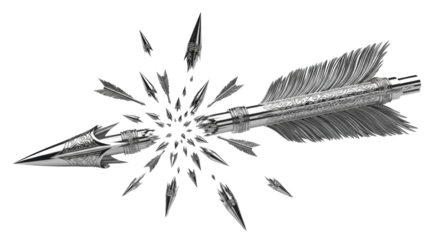 Highly detailed, three-dimensional ornate metallic silver arrow shattered into multiple reflective fragments, scattered radially on a transparent background with soft shadows and copy space, embodying