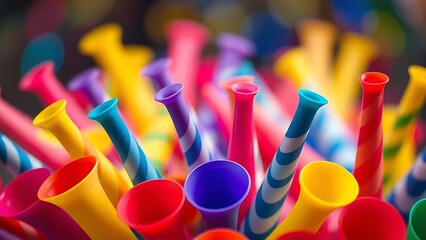 Colorful party horns arranged in a vibrant pattern, evoking festive celebration and joy.
