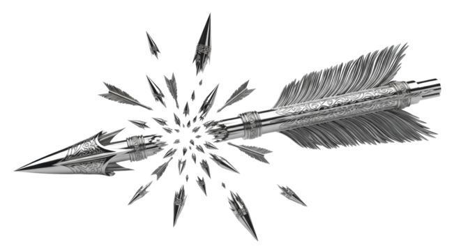 Highly detailed, three-dimensional ornate metallic silver arrow shattered into multiple reflective fragments, scattered radially on a transparent background with soft shadows and copy space, embodying
