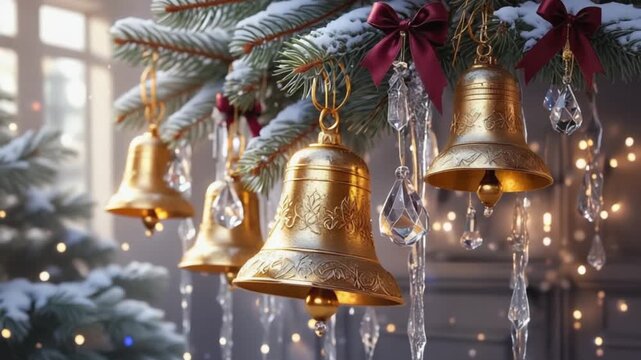 Golden bells hanging from snowy christmas tree branches with crystal decorations and red ribbon bows christmas video