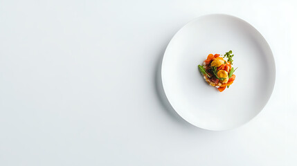 Gourmet dish featuring scallops, orange vegetables, and herbs, elegantly plated on white. The minimalist presentation accentuates the colorful food.