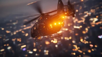 Helicopter soars over a blurred city at night with glowing lights in the dark sky
