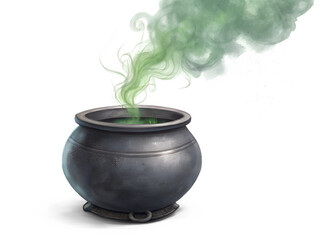 Cauldron with Green Potion and Smoke on Transparent Background