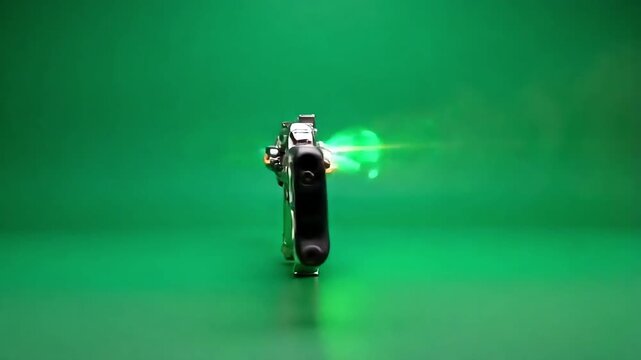 Futuristic weapon firing a bright green laser beam