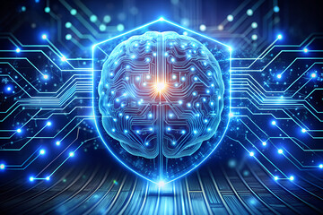 Digital brain glowing with AI circuits and data streams