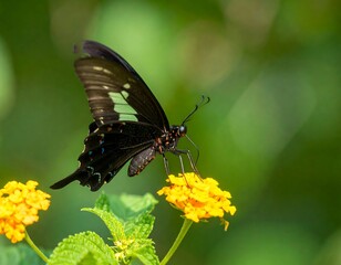 Black butterfly with white and orange markings on a cluster of yellow flowers