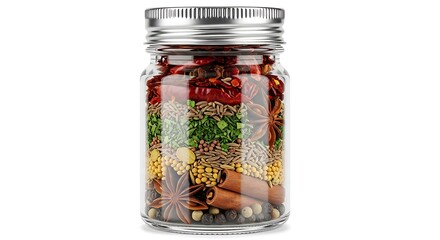 Colorful Spices and Herbs Layered in a Glass Jar, Culinary Ingredients.