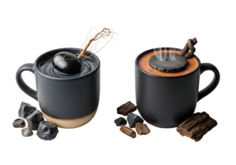 Photorealistic studio shot: two dark grey ceramic mugs with swirling charcoal & steamy terracotta liquids, root, river stone, bark, obsidian on white background, ancient alchemical wisdom concept