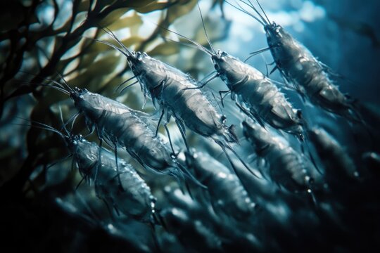 A close-up shot reveals a group of translucent shrimp clinging to underwater kelp.