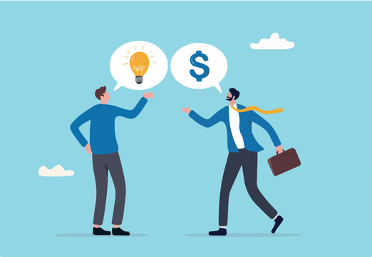 Venture capital, project pitching for funding or VC investment, selling idea for money or angel investment for startup project concept, young entrepreneur pitching idea to raise venture capital fund.