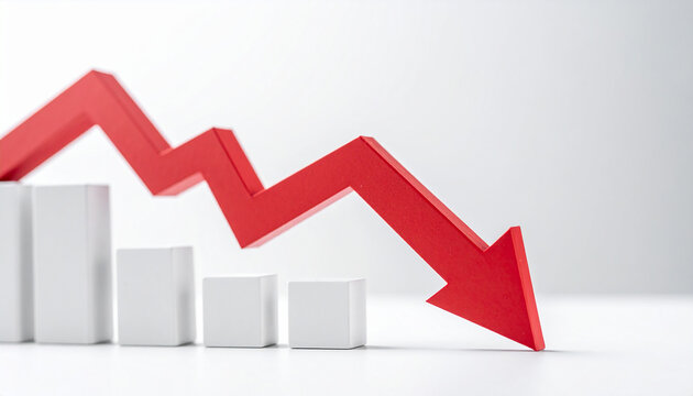 Minimalist white graph with bold red arrow pointing downward, business risk, financial decline
