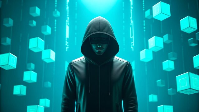 Title: Hacker in dark hood standing with glowing teal digital cubes and code
