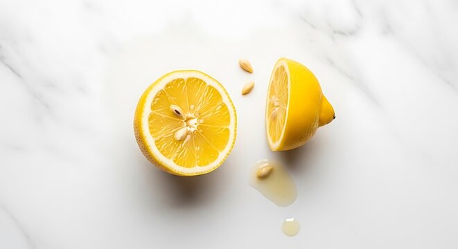A fresh yellow lemon cut in half with seeds and juice spilled on a white marble surface.