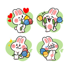 Four Adorable White Bunnies Holding Colorful Tulip Flowers Cartoon Doodle illustration