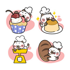 Cute Set of Little Chef Cat Baking with Cupcake Bread and Pudding Doodle illustration