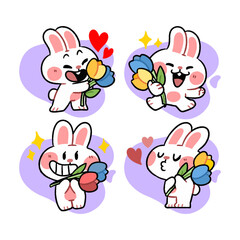 Cute bunny holding colorful flowers with adorable expressions doodle illustration