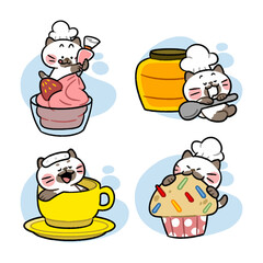 Funny Chef Kitten Baking and Enjoying Strawberry Cup Coffee and Honey Doodle illustration