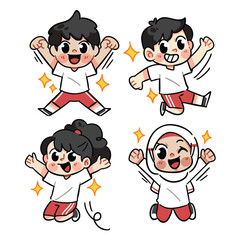 Cheerful School Kids Jumping and Smiling in Red White Uniform Doodle illustration